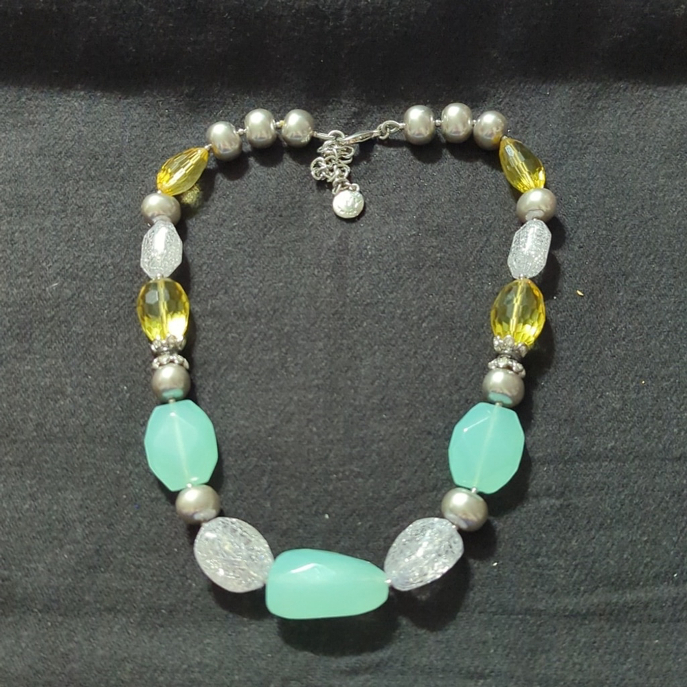 Jones New York Silver Tone Blue Clear Yellow Chunky Beaded Statement Necklace